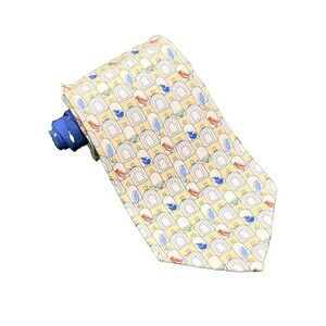 Tommy Hilfiger Necktie Yellow Birds Birdcages 100% Silk Tie Made in USA 3.5 X 56